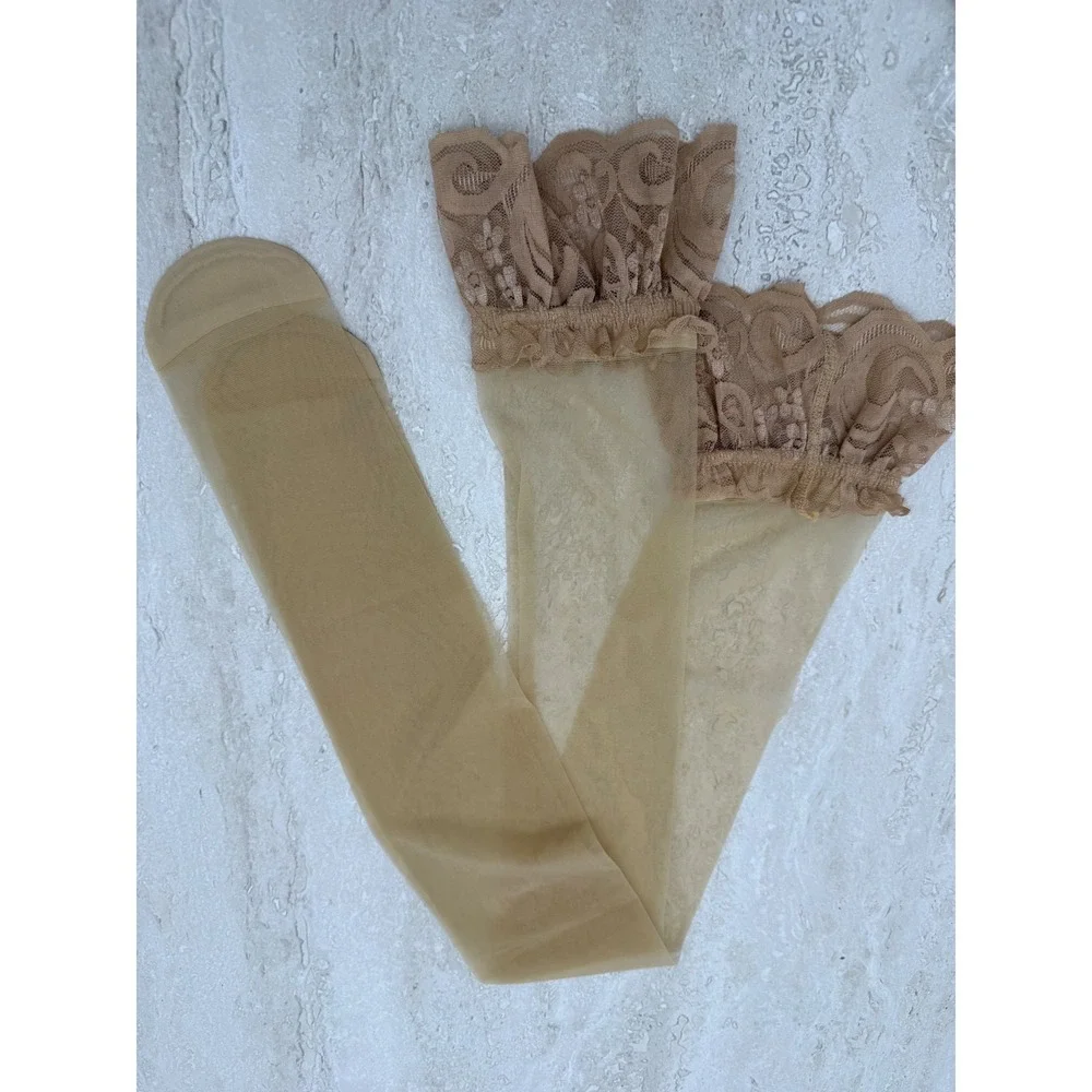 Vintage Nude Lace Top Thigh High Stockings Sheer Nylon Hosiery Deadstock